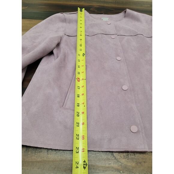 Chico's Faux Scuba Suede Jacket Lavender Button Down W Pocket Soft Size 1 (8/10) - Picture 8 of 10